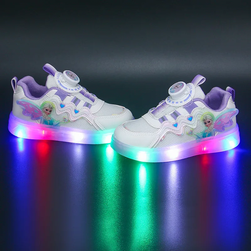 Chaussures de dehors en Cuir Décontractées à Lumière LED pour Fille, Baskets Roses et Violettes à la Mode, Princesse Elsa, Disney