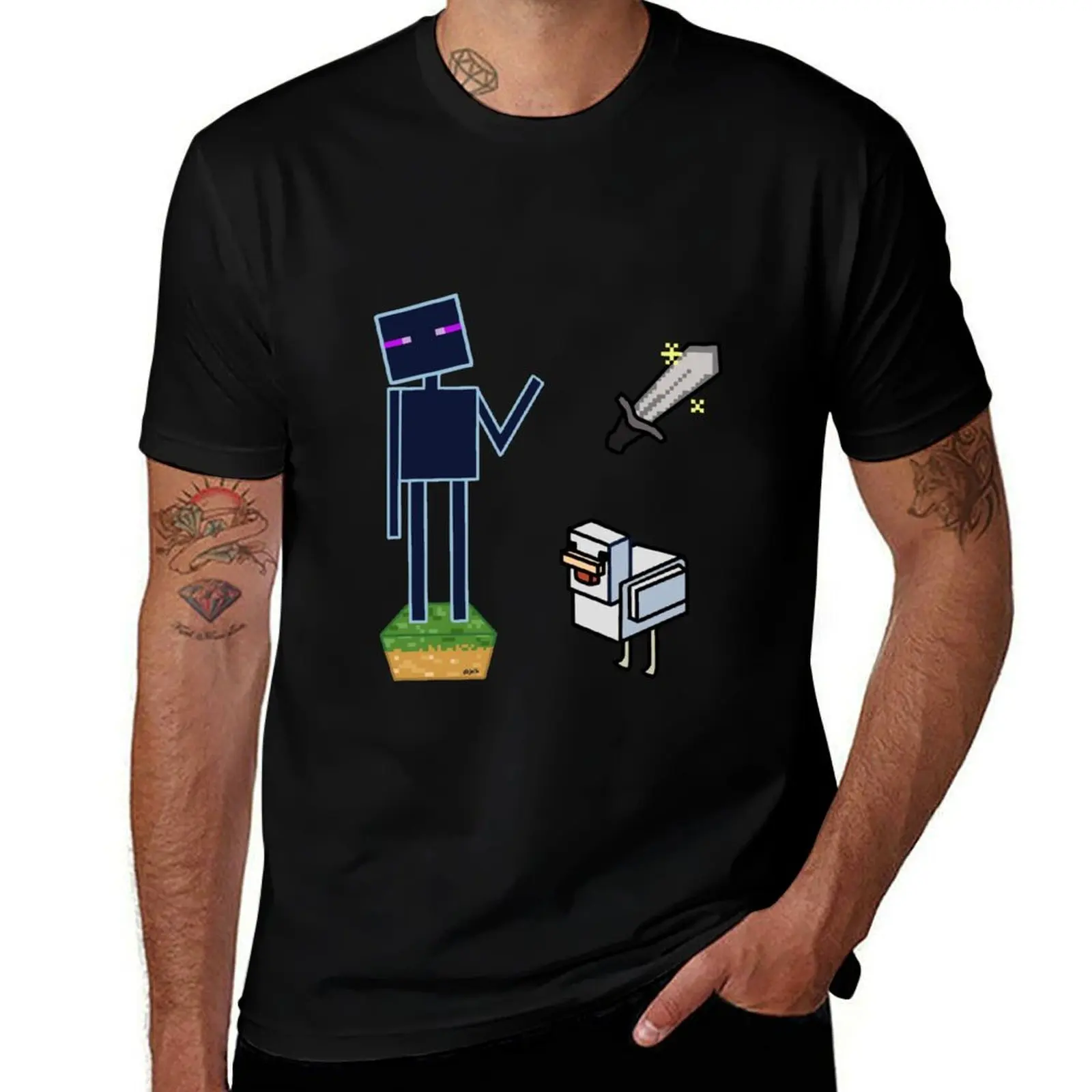 Enderman, Sword, Chicken Design Sheet T-Shirt Plus Size Street Style Tee T-Shirt