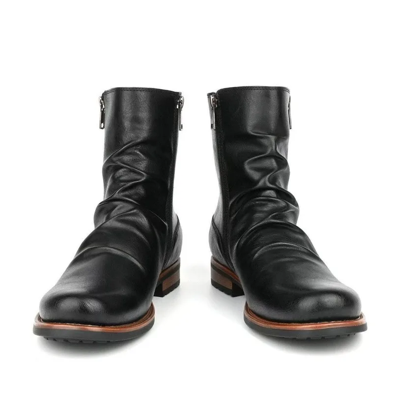 

Large Size Fashion British Style Quality Boots Pleated Design Short Boots for Men Casual Retro Style Thick Heel Platform Boots