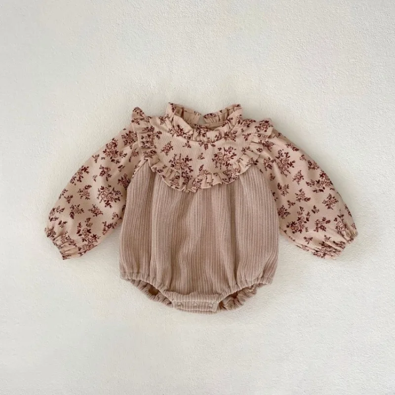 

HoneyCherry Autumn Girl Baby Corduroy Printing Splicing Long-sleeved Bodysuit Baby Girl Clothes