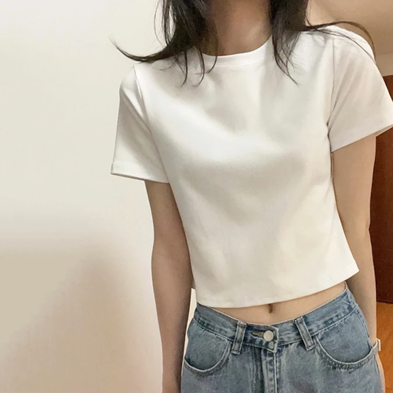 White Cotton Slim Fit Short Sleeve T-Shirt Women's Summer Fashion High Waist Tightening Halves Length round Neck Bore Hole Top