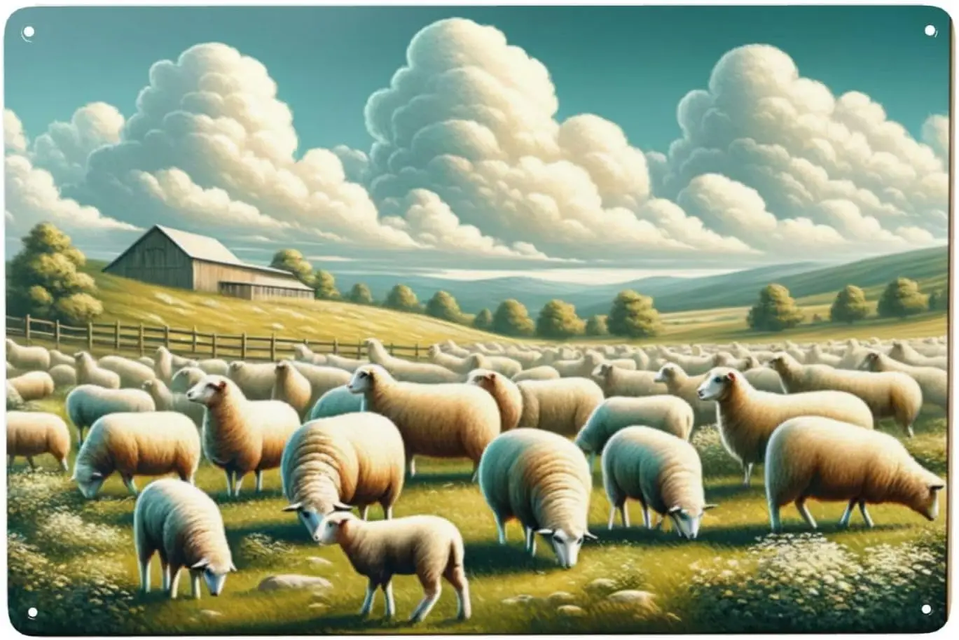 Art mural Prairie Tranquille et Moutons, Plaque en métal décorative style ferme vintage, Décoration murale rustique pour intérieur et extérieur, pour H goo sign