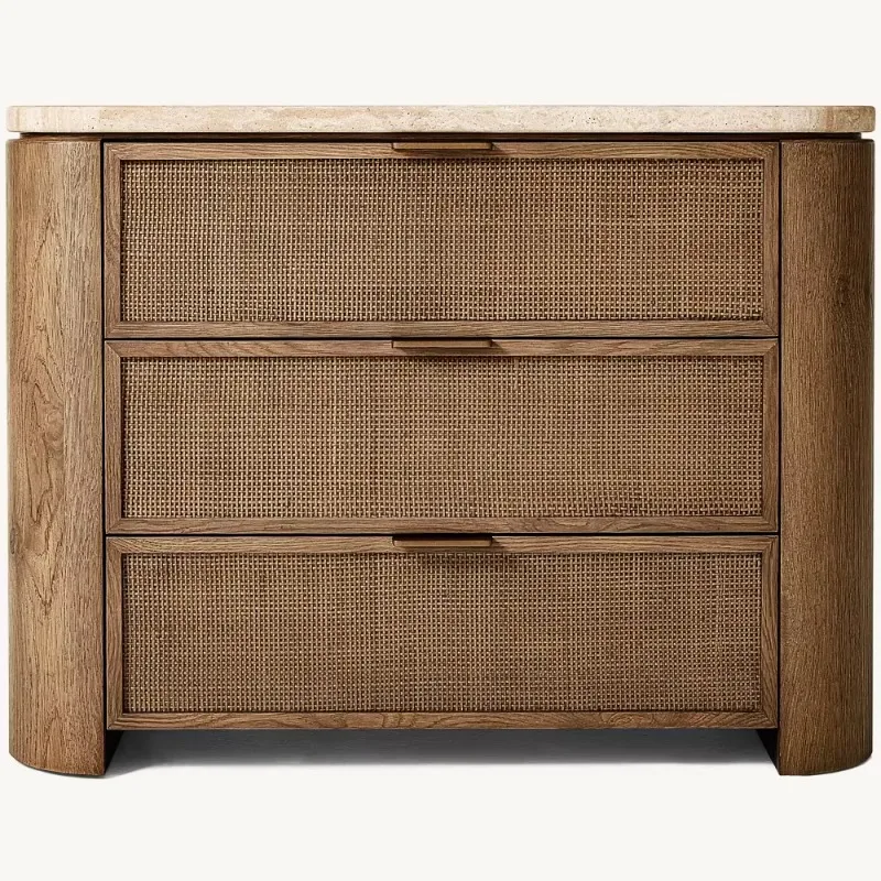 Farmhouse Style Luxury Rattan End Side Bedside Table Bedroom Bedside Table with 3 Storage Drawers