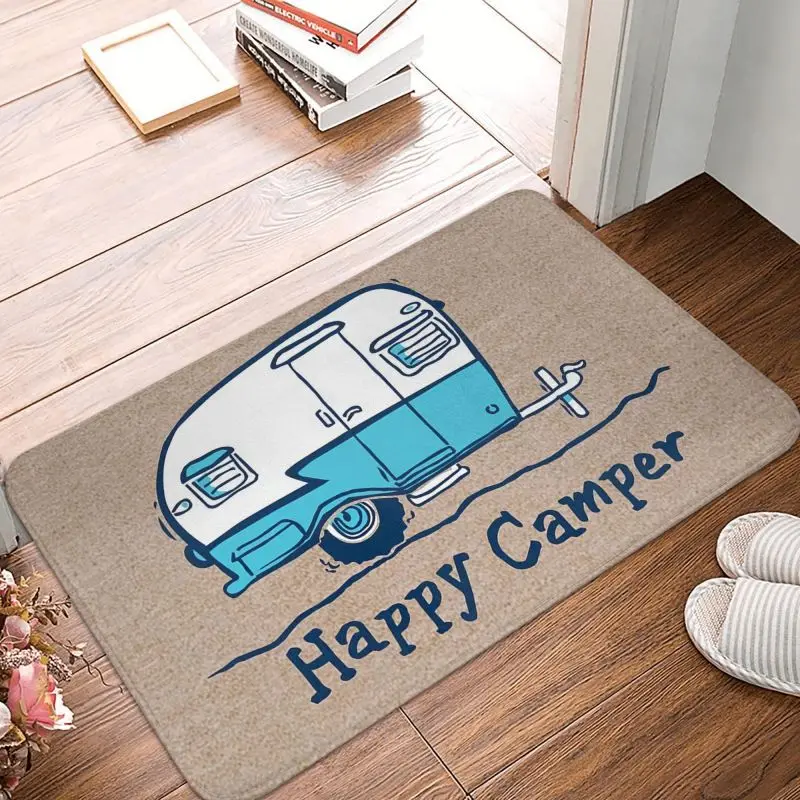 Happy Camper Cartoon Camping Car Doormat Non-Slip Entrance Kitchen Bath Floor Door Mat Adventure Camping Balcony Rug Carpet