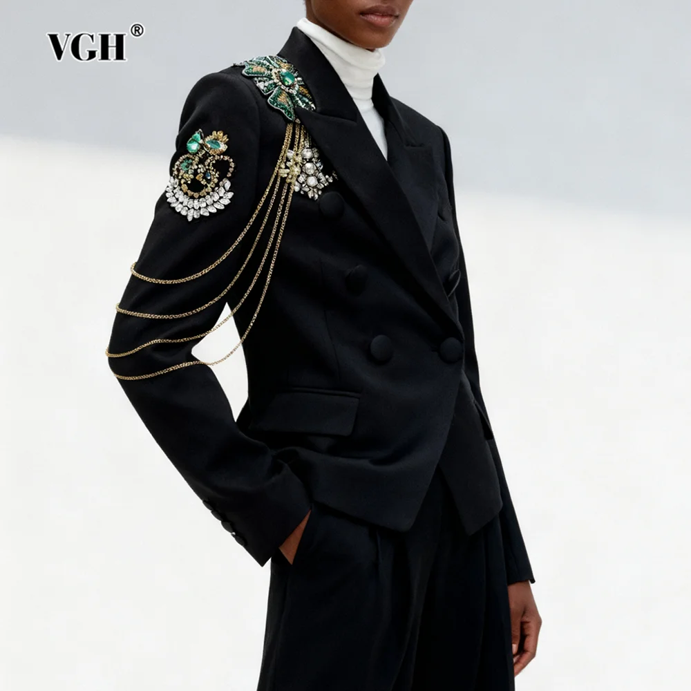 

VGH темпераментные однотонные металлические утягивающие блейзеры для женщин с лацканами и длинными рукавами, осенняя элегантная куртка, женский модный стиль, новинка