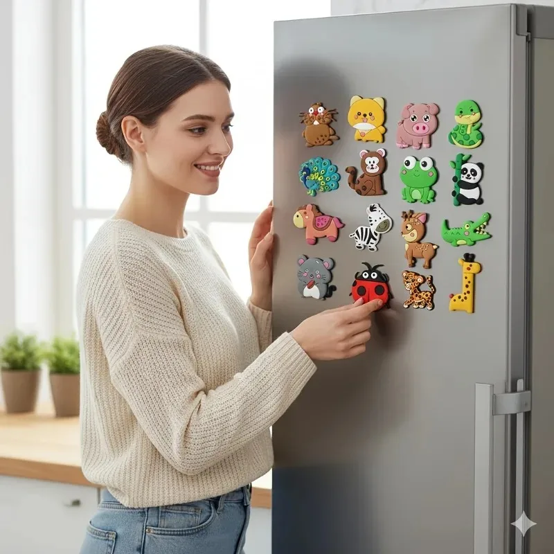 12pcs Cute Animal Fridge Magnets Set with Elephant, Giraffe,Cow, Sheep,Koala,Panda,Frog and so on - Soft Colorful Plastic Decor.