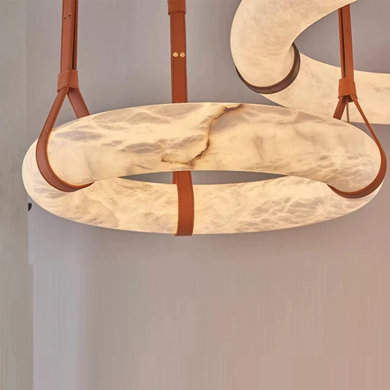 Customizable Elegant Simple Leather Ring Alabaster White Pendant Modern Restaurant Living Room Chandelier Round Pendant Light