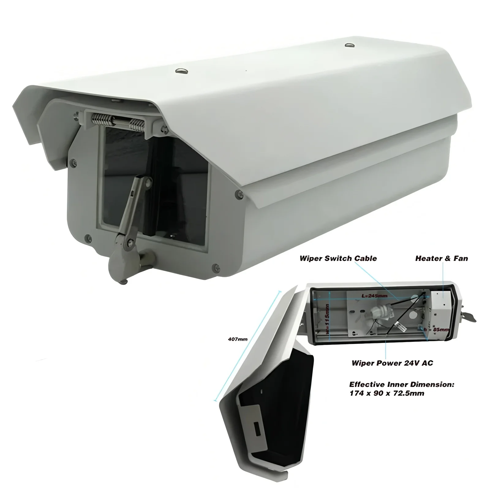 

12 Inch Outdoor Waterproof Aluminum Surveillance CCTV Camera Housing Enclosure Case with a 24V AC Windshield Wiper Heater Fan