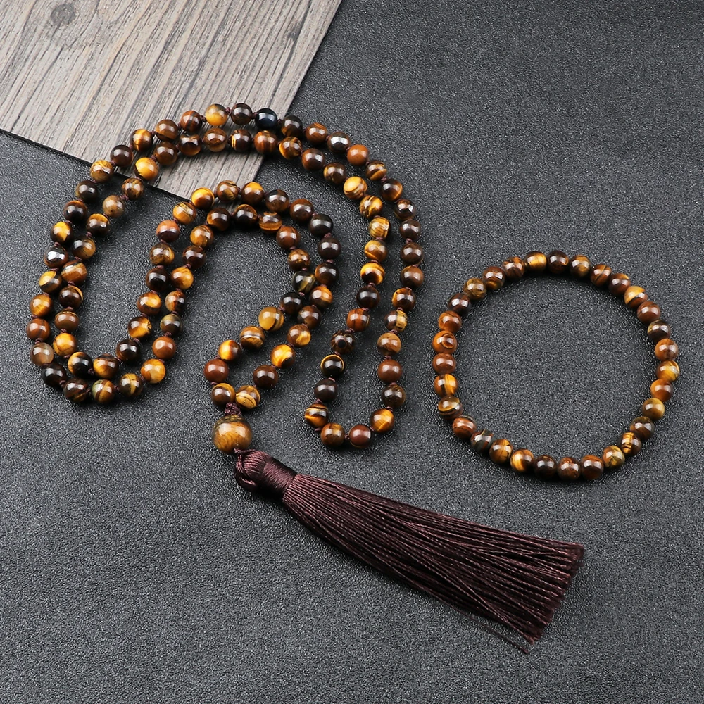 マット & 光沢のある黒のポニーラビーズネックレス,女性と男性のための手作りの結び目ジュエリーセット,ヨガ,瞑想,108