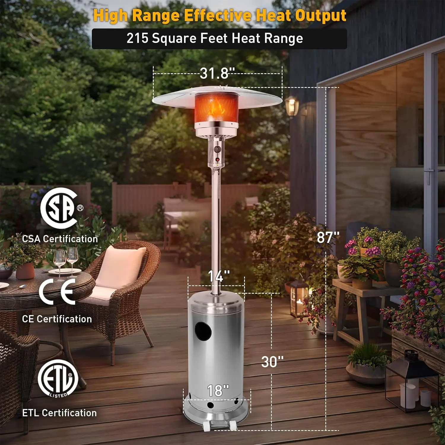 Outdoor Patio Heater Standing Gas LP Propane Heater with Wheels 87 Inches Tall 36000 BTU for Commercial & Residential Courtyard