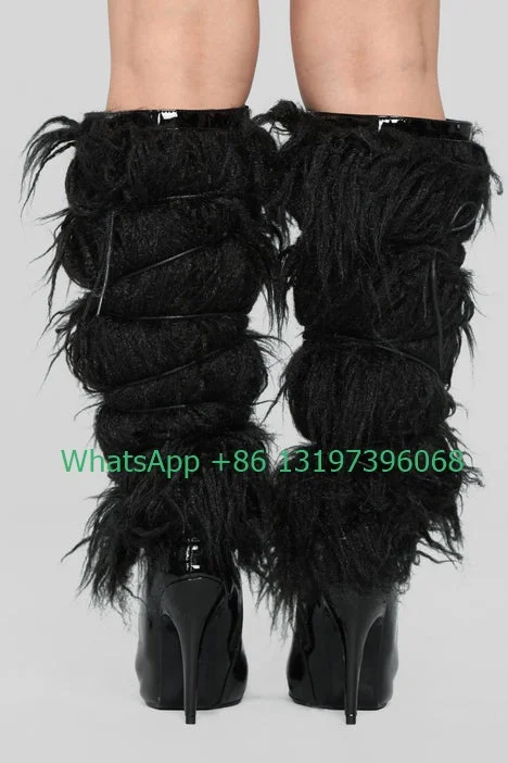 Lady yellow feather PU design knee boots sexy pointed toe black fur stiletto heels leather side zip boots footwear large size 43