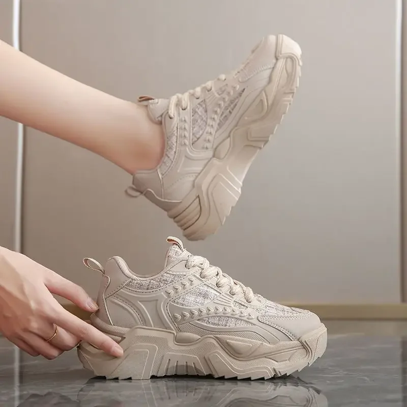 Elevated Chunky Footwear Women's Student Style Lightweight Mesh Breathable Thick Heel Casual Sneakers with Height Adjustment​