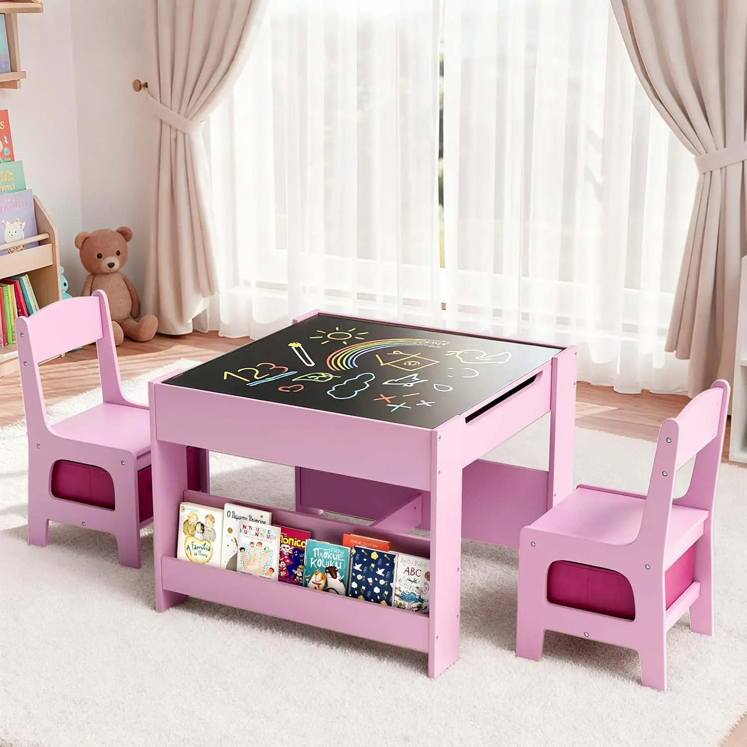 Kids Table and Chairs Set, 4 in 1 Toddler Art Desk with Storage Drawer, Wooden Activity Deskboard, Blackboard,, Customized