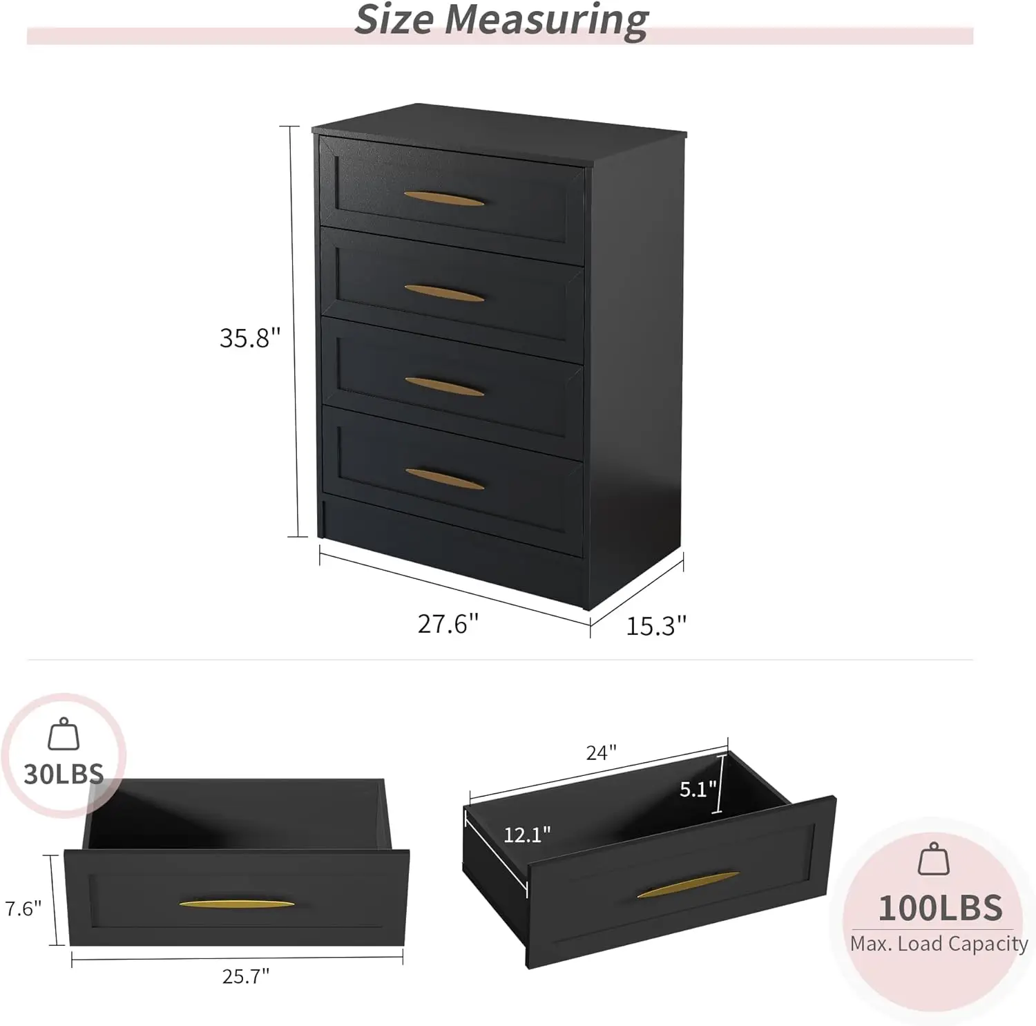 4-Drawer Dressers Set of 2 Black Chest of Drawers with Gold Handle & Wide Drawers 35.8