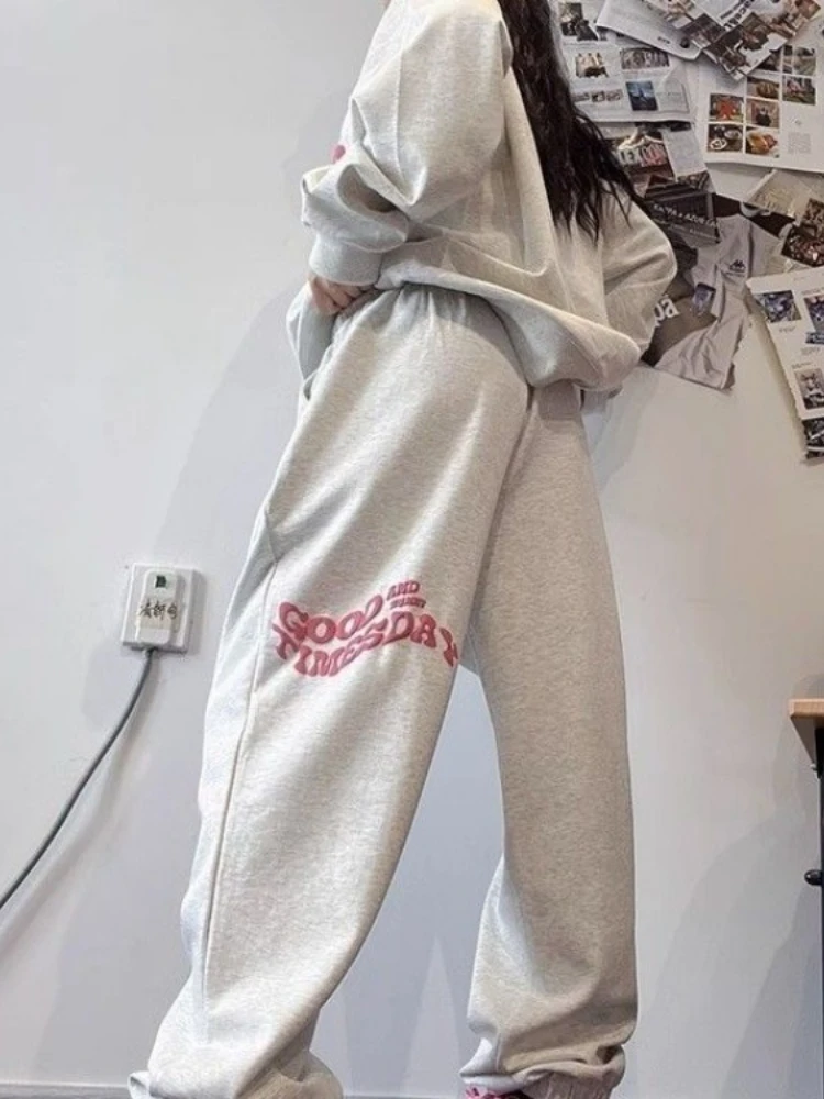 Two Pieces Set Casual Sports Grunge Hip Hop O Neck Sweatshirts + Fashion Y2k Letter Embroidery Streetwear Women Loose Sweatpants