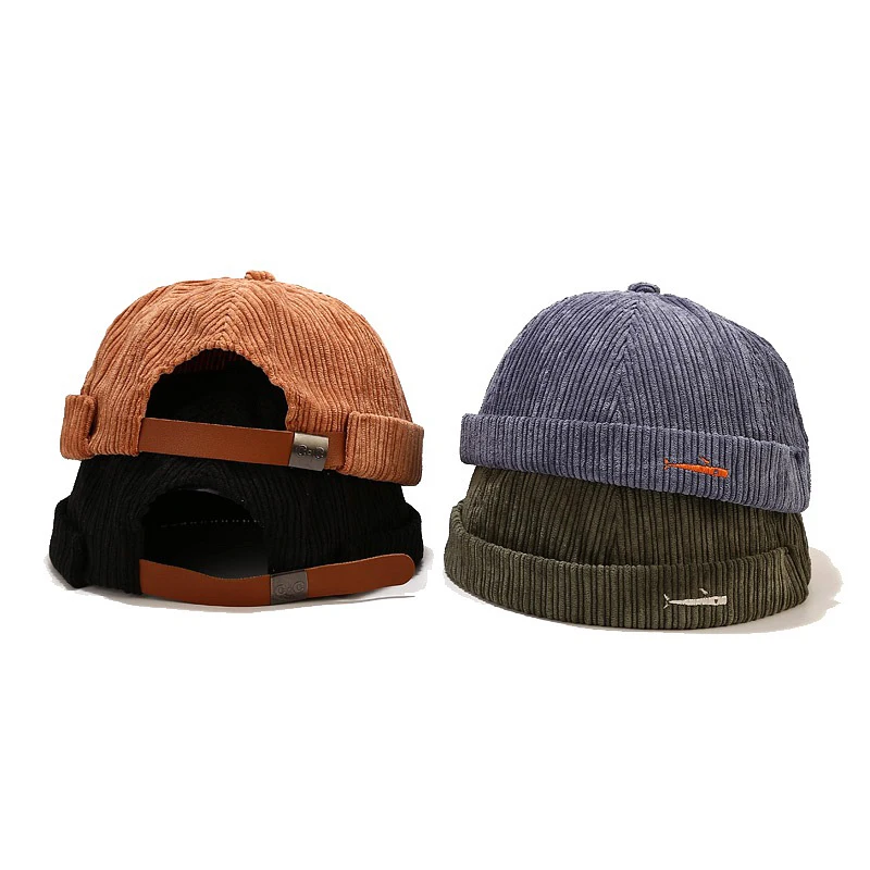 Bocca Brimless Docker Hat Embroidery Fish Corduroy Dome Hats Adjustable Streetwear Solid Color Retro Warm Winter Spring Autumn