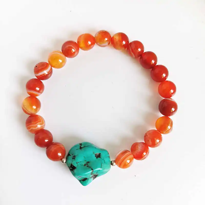 Natural Red Agates and Enhanced Turquoise Nugget Beads Bracelet Stretch BB-134