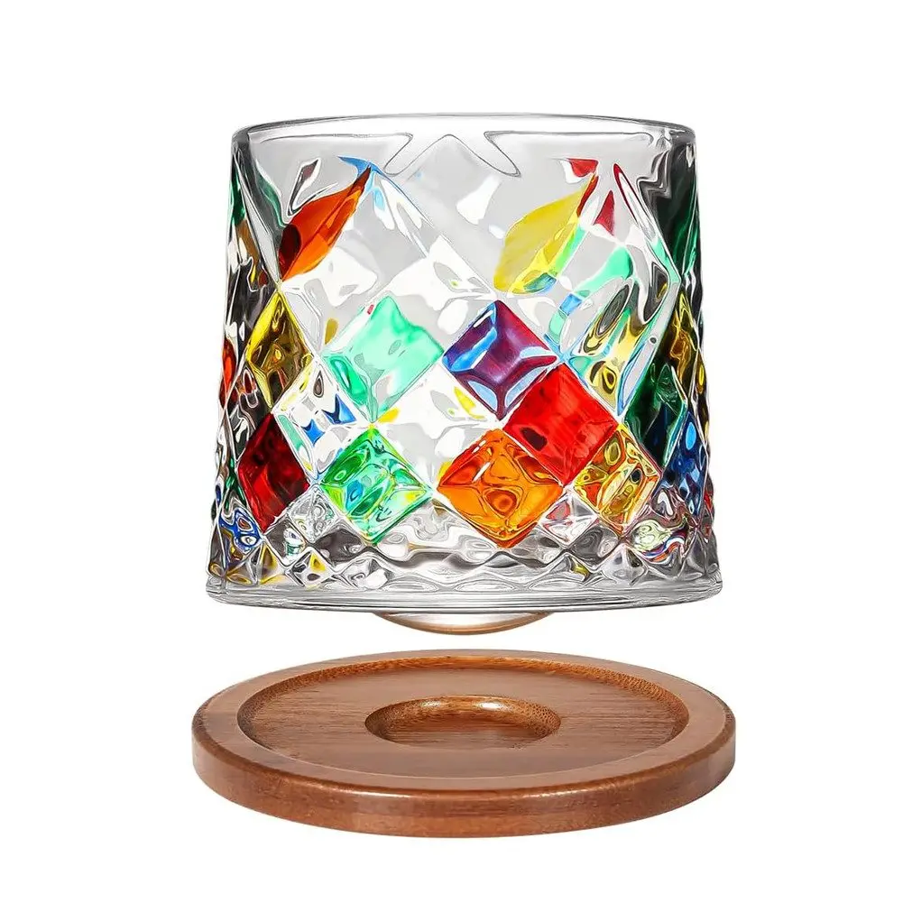 Kristall Whiskyglas 275ml Drehbar Diamant Muster Bunt Wackelglas Trinkglas für Whiskey Cognac Cocktail Party