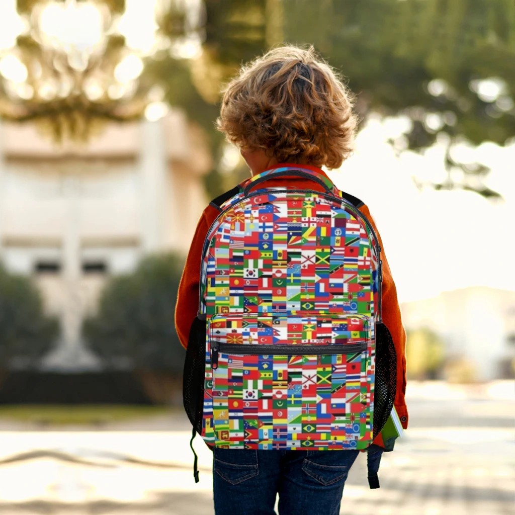 Sac à dos léger imprimé drapeaux pour enfants, cartable décontracté pour jeunes, 17 po