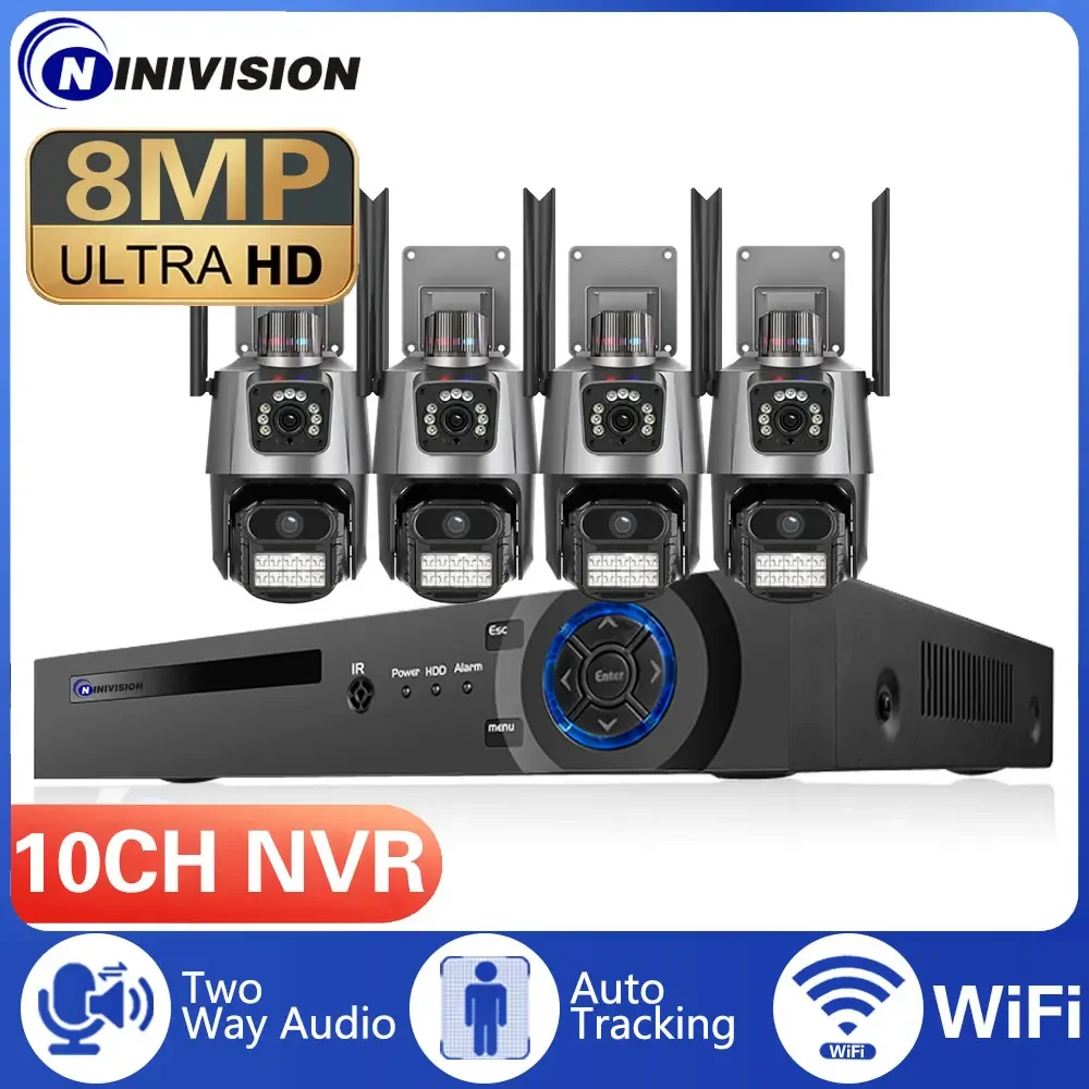 10ch 8mp Draadloze Dubbele Lens Ptz Wifi Ip Veiligheidscamera Tweeweg Audiokleur Nachtzicht Gezicht Poe Nvr Videobewakingssysteem