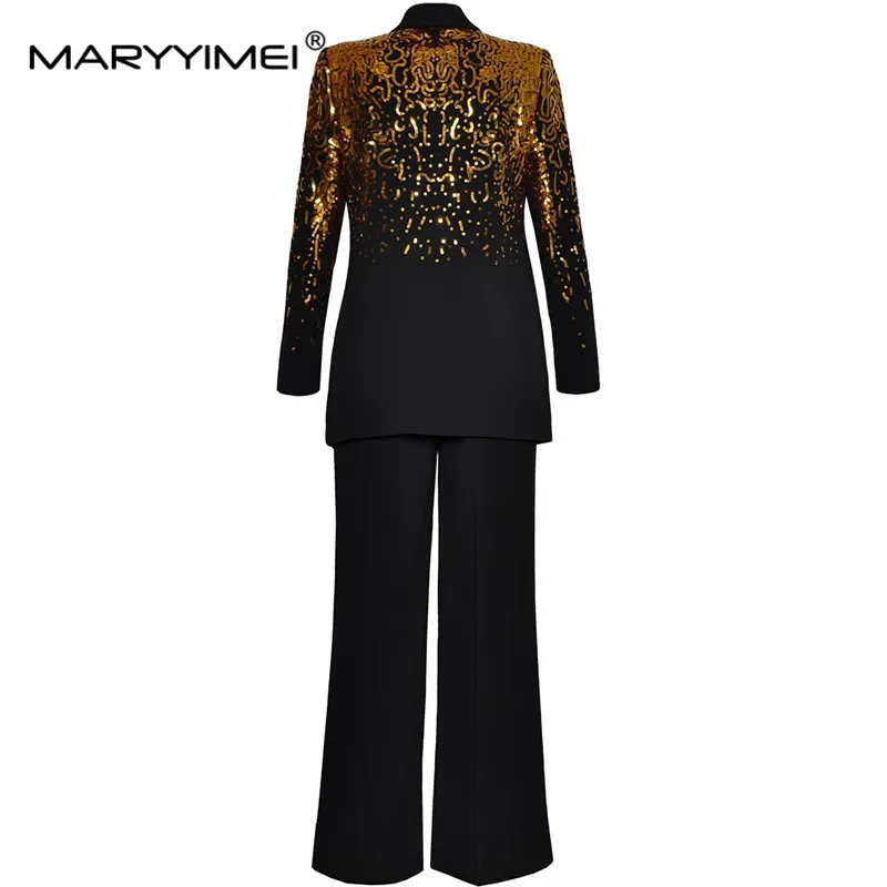 MARYYIMEI Fashion Design Women\'s Suit Polo-Neck Long Sleeved Double-breasted Sequins Tops+Straight leg pants Black 2 piece set