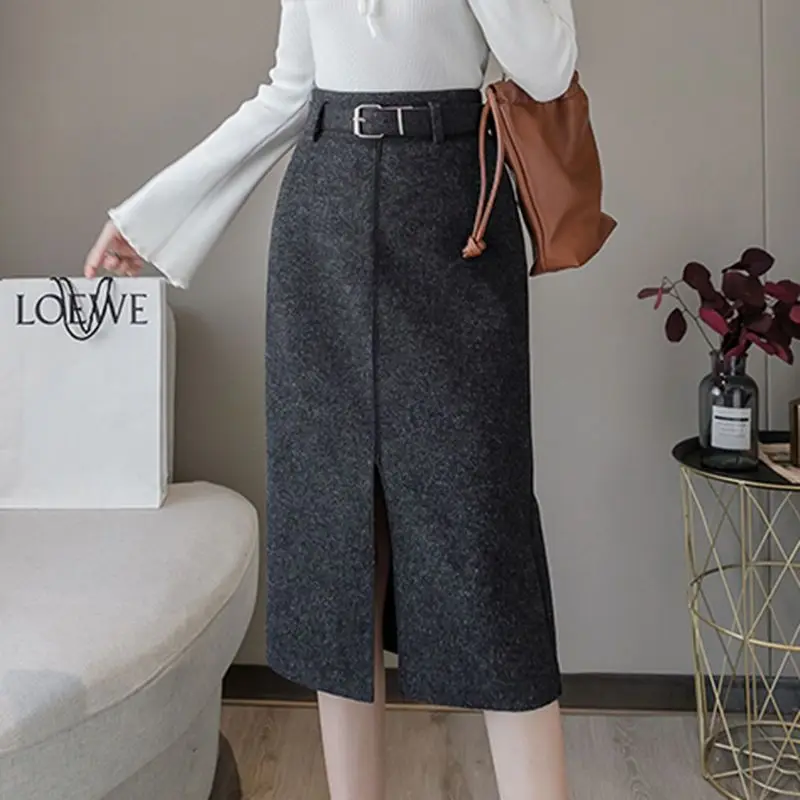 

2023 Autumn Winter Women New High Waist Split Skirts Female Solid Color Woolen Skirts Ladies Long Warm Casual Skirts Y536