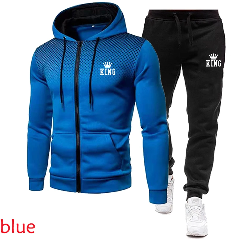 Fashionable men's king print hooded sweatshirt pants two-piece suit pullover sweatshirt casual jogging suit logo warm sports sui