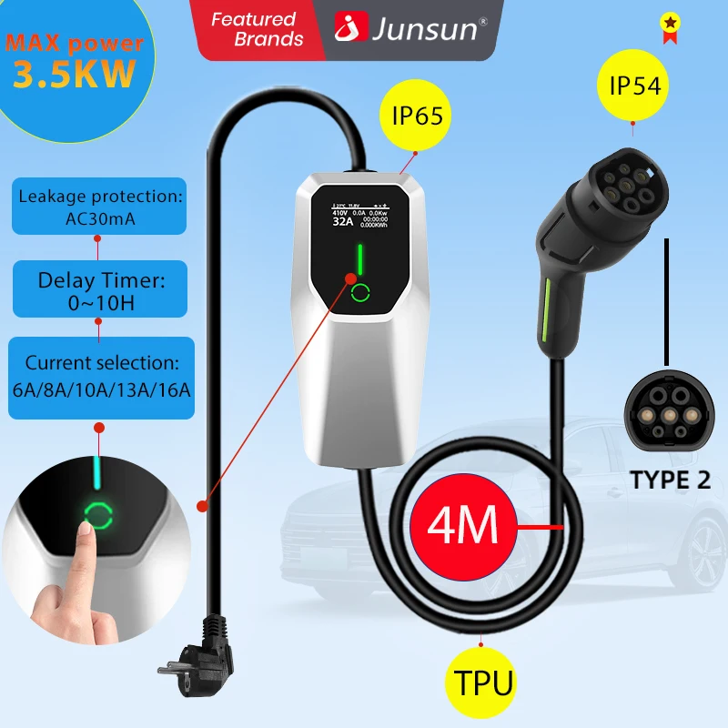 Junsun EV Charger - Fast Charging Plug for type2! Wallbox with 1Phase 7kW/32A, 3.5kW/16A, 3Phase 11kW/16A & 22kW/32A, Type 2