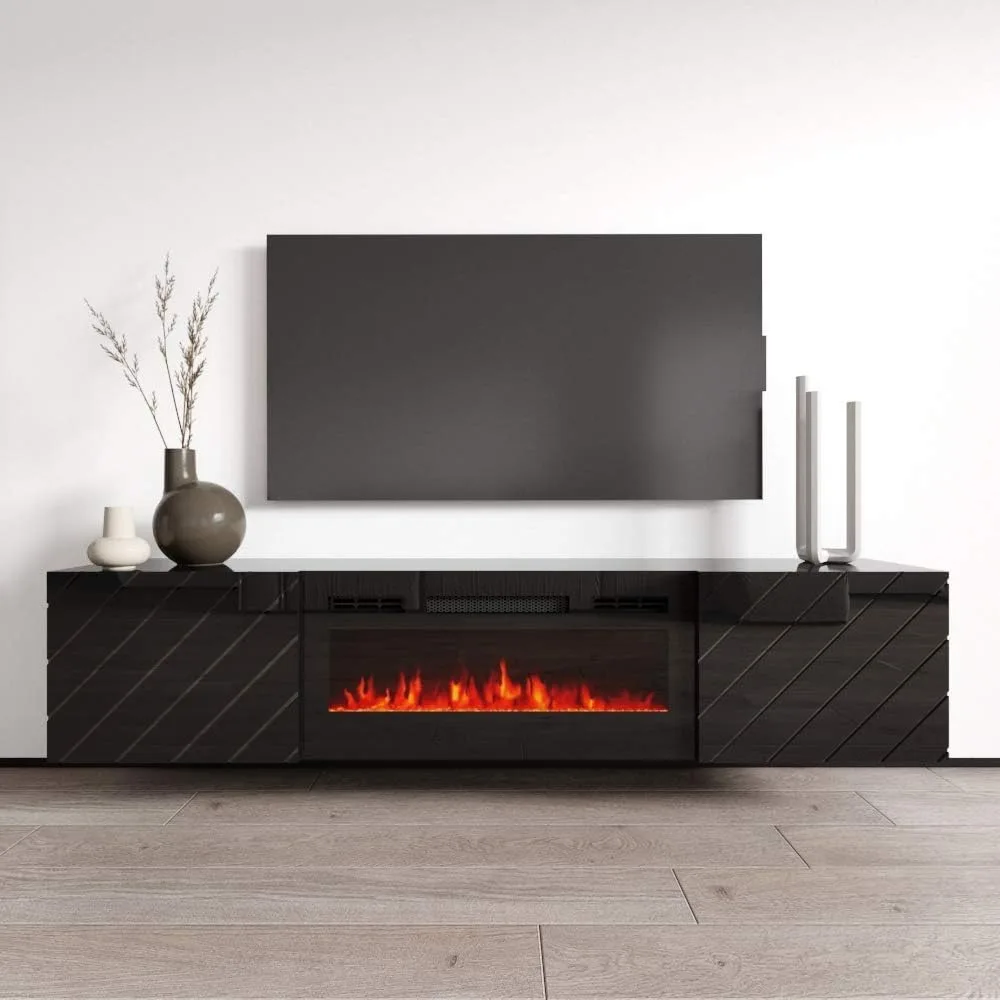 

Floating fireplace TV cabinet for TVs up to 80 inches, wall-mounted electric fireplace TV, media console with locker