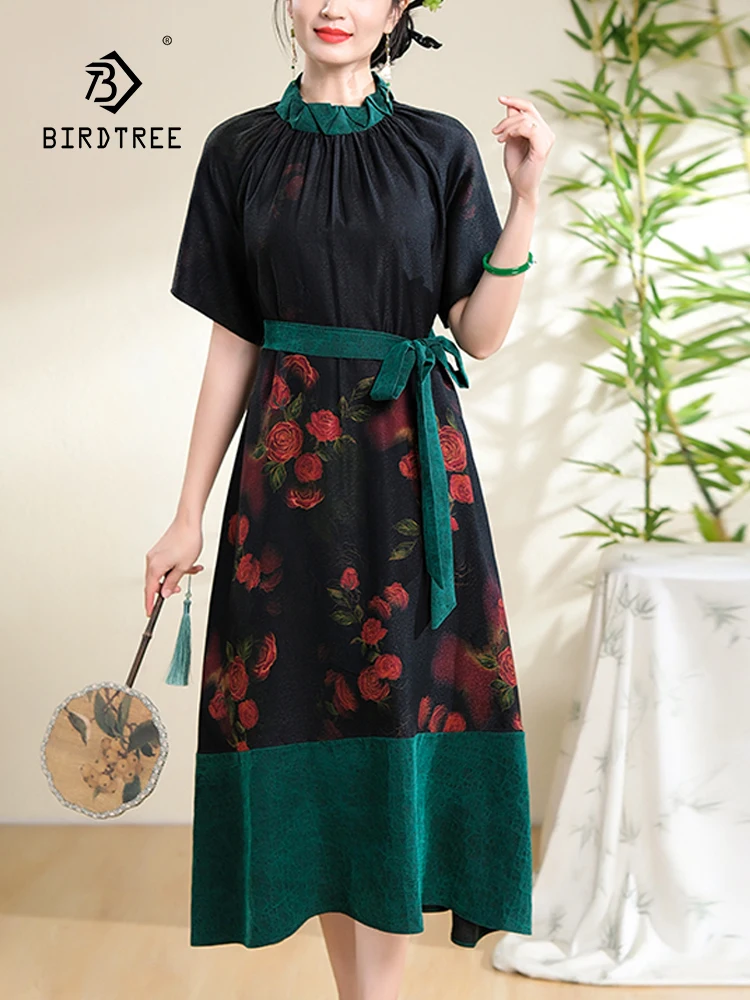 

BirdTree 100%Mulberry Silk Retro Dresses, Women's XiangYunSha Short Sleeve, Elegant Lace-up Mom Dress, 2024 Summer New D44430QC