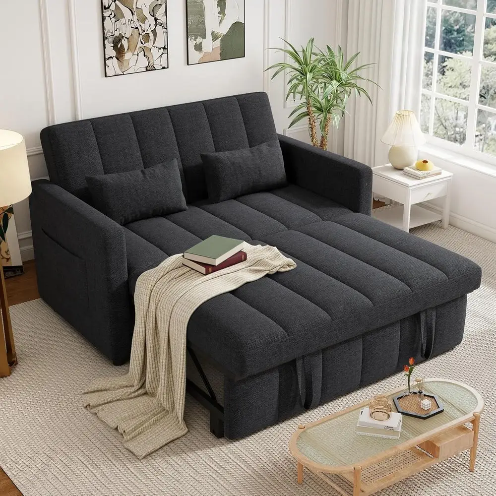 3-in-1 Convertible Couch Bed with Adjustable Backrest, Loveseat Sofa Bed with Side Pockets, Easy Assembly, Gray