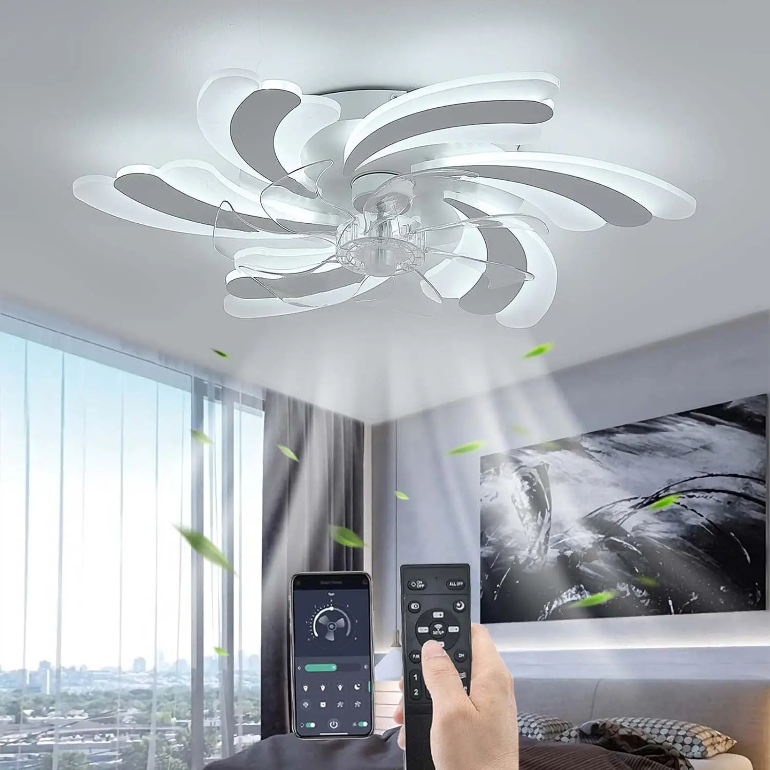 Nordic Flower Shape Black White Ceiling Fan Light LED Ceiling Lamp Remote Control Bedroom Silent Electric Fan Lamp Ventilators