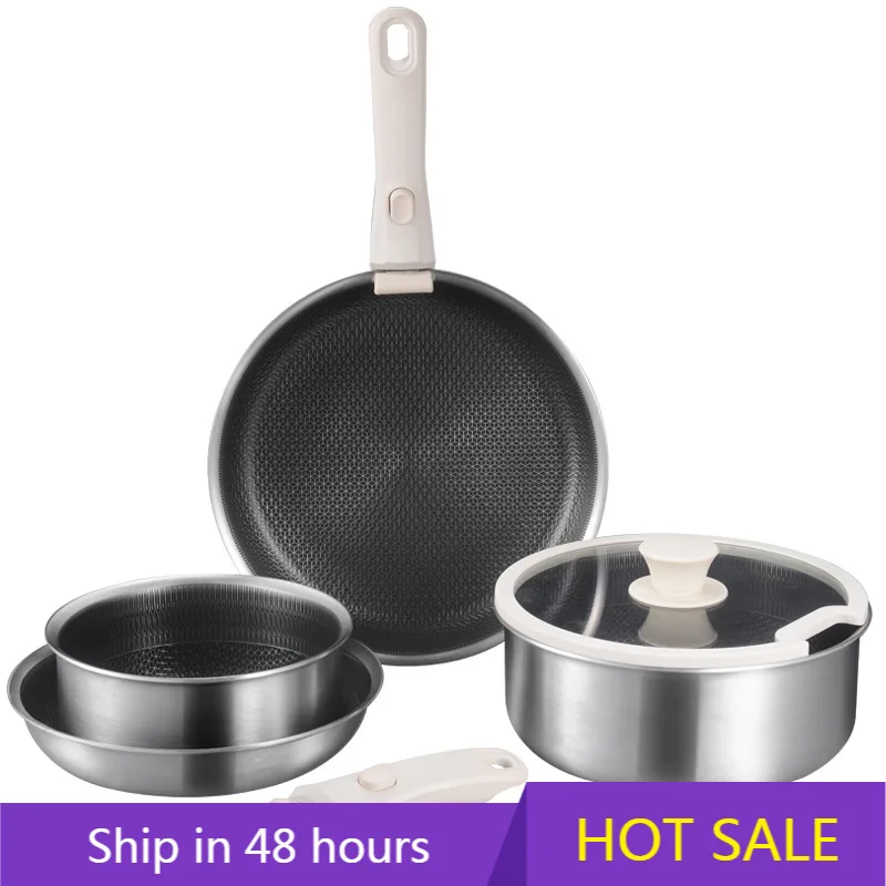 

Portable Classic Stainless Steel Outdoor Cookware Set Removable Handle Non-Stick Frying Pan Soup Pot for Camping for