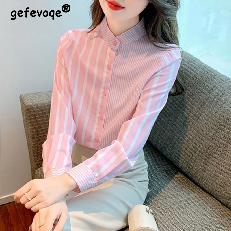 Women\'s Korean Fashion Pink Striped Button Up Shirt Spring Autumn Stand Collar Blouse Sweet Chic Tops Long Sleeve Blusas Mujer