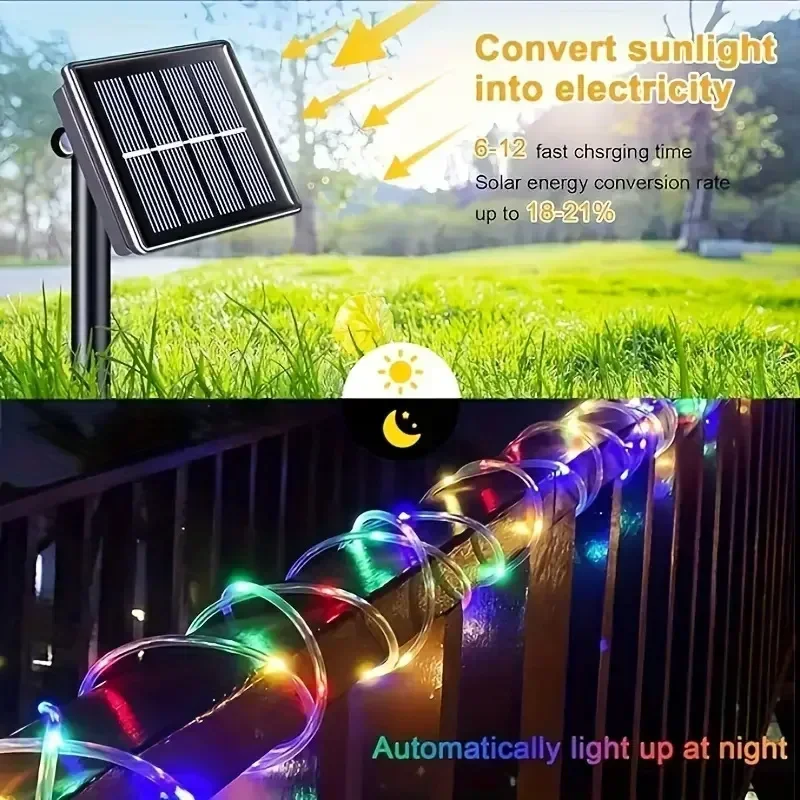 12m/7m Solar Tube Light Garden Light String Outdoor 8 Modes Rope Lights Wedding Swimming Pool Roof Festive Home Party Decoration