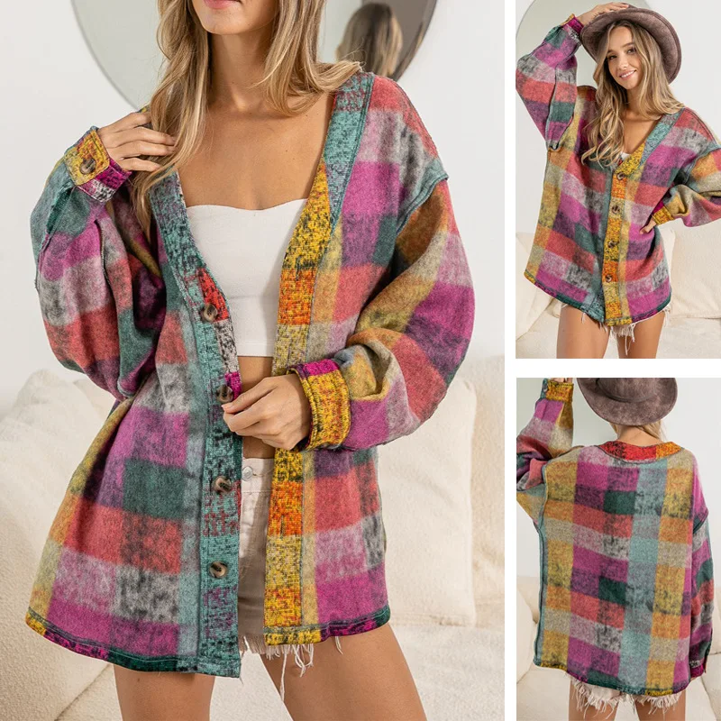 

Autumn and Winter Women's Single-breasted Long-sleeved Cardigan Colorful Plaid Coat