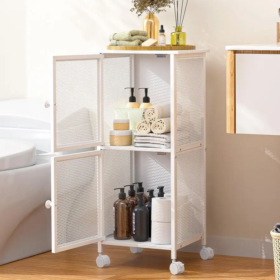 

Bathroom Storage Cabinet with Movable Wheels, Wooden Bathroom Standing Shelf with 2 Metal Doors, Slim Bathroom Storage Cart for