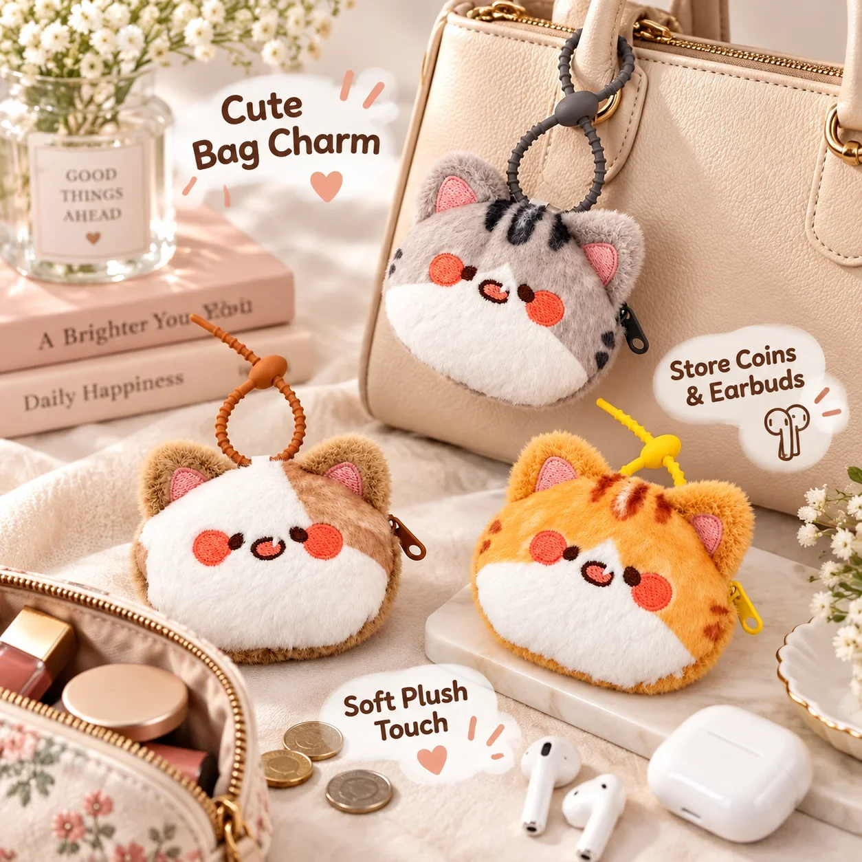 Cute Cartoon Kitten Coin Purse, Plush Keychain Pouch for Coins and Earbuds, Kawaii Bag Charm for Girls