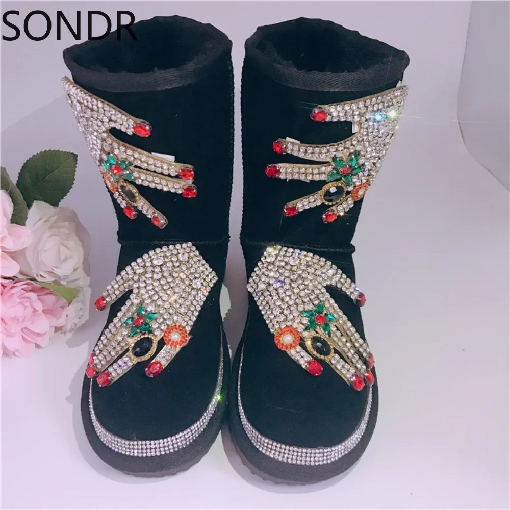 Womens Rhinestones Fingers Crystal Bling Ankle Boots Platform Warm Winter Snow Thick Black DIY Shoes   New 2024