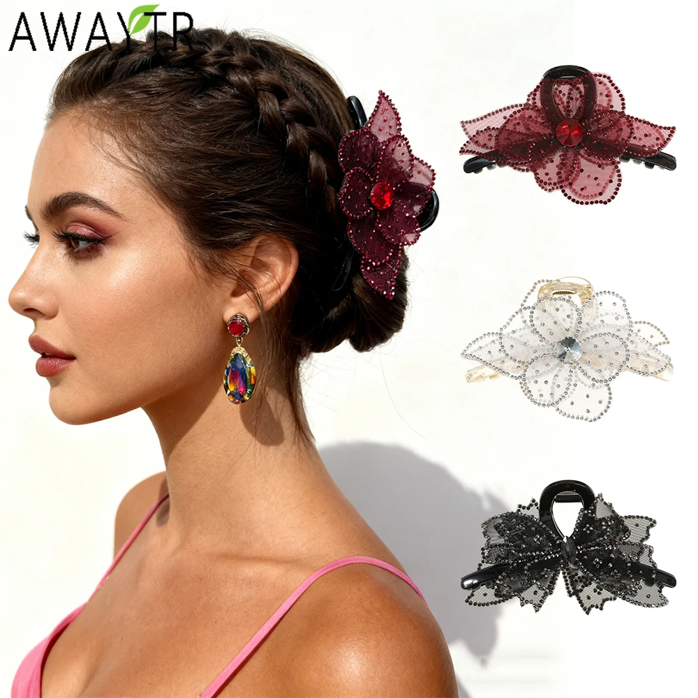 

AWAYTR Mesh Lace Flower Hair Claws Fashion Fabric Hair Clip Crab For Girl Gift Hair Accessories Valentine Headwear