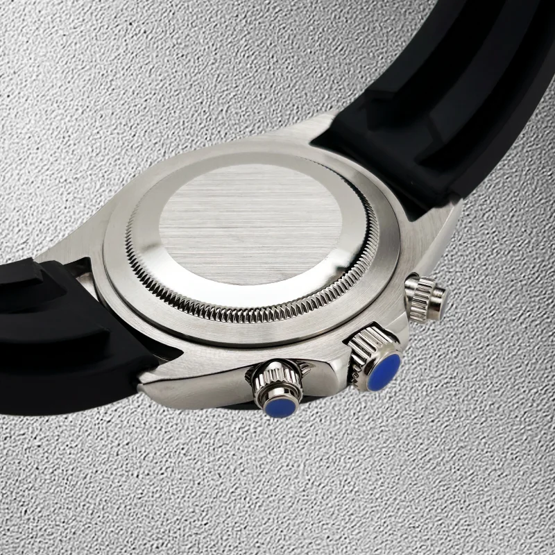 Silver Blue Chronograph Silicone Strap Sapphire Glass Daytona Watch Japan VK63 Quartz Watch Movement with Ceramic Bezel  No Logo