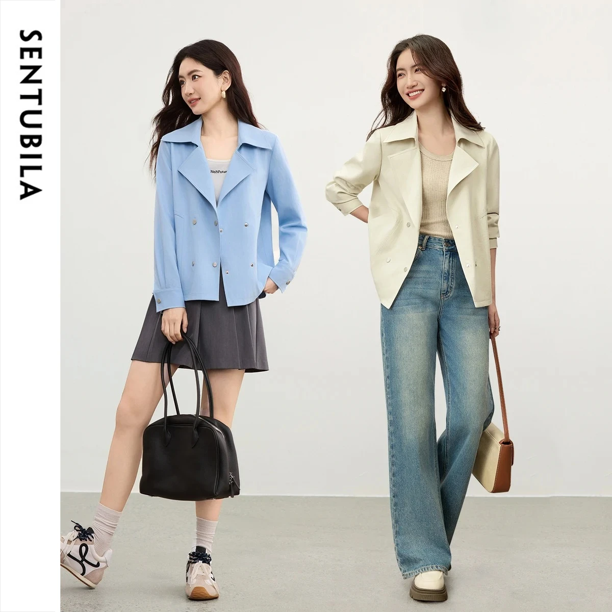 SENTUBILA Women's French Style Light Blue Double Breasted Trench Coat Lapel Collar Cropped Jacket for Spring Fall153WB2255