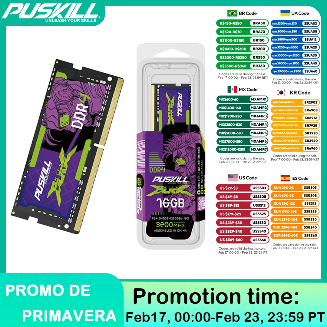 PUSKILL Memoria Ram DDR4 8GB 4GB 16GB 2400mhz 2133 2666mhz Sodimm Notebook Memoria per laptop ad