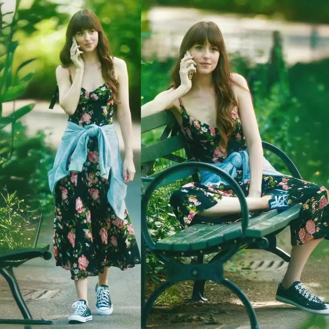 

Slimming Floral Print Silk Strap Dress Bow Knot Waist Cinching Summer New Style French Style High Waist Gauze Fiber No Sleeve