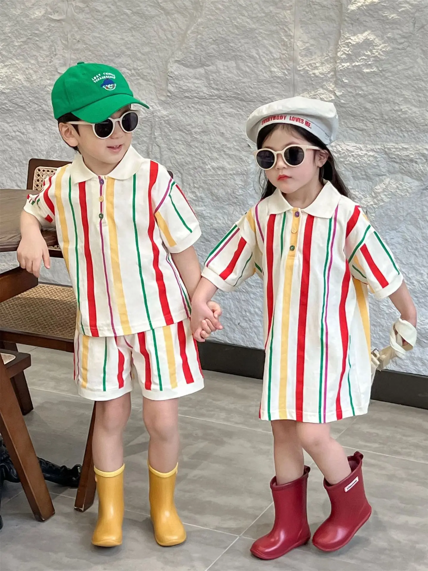 2024 Summer Korean Childrens Clothing Colorful Dress Short Sleeved Shorts Set for Boys and Girls Cute Designable Summer Clothes