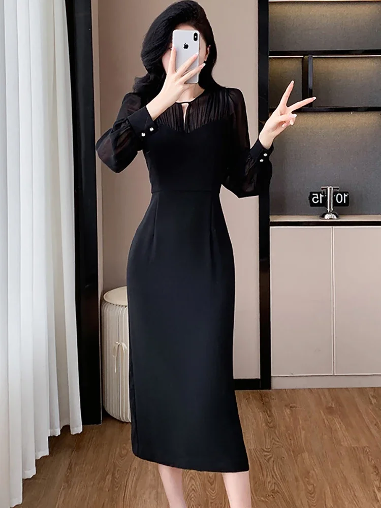 2024 Black Patchwork Mesh Sheer Sexy Long Dress Women Korean Vintage Hepburn Dress Autumn Winter Elegant Bodycon Festival Dress