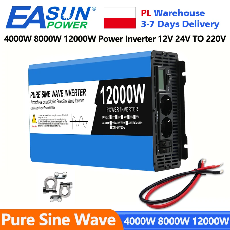 EASUN puissance 4000W 8000W 12000W onde sinusoïdale Pure onduleur de voiture DC 12V 24V à AC 220V transformateur de convertisseur de batterie externe Portable