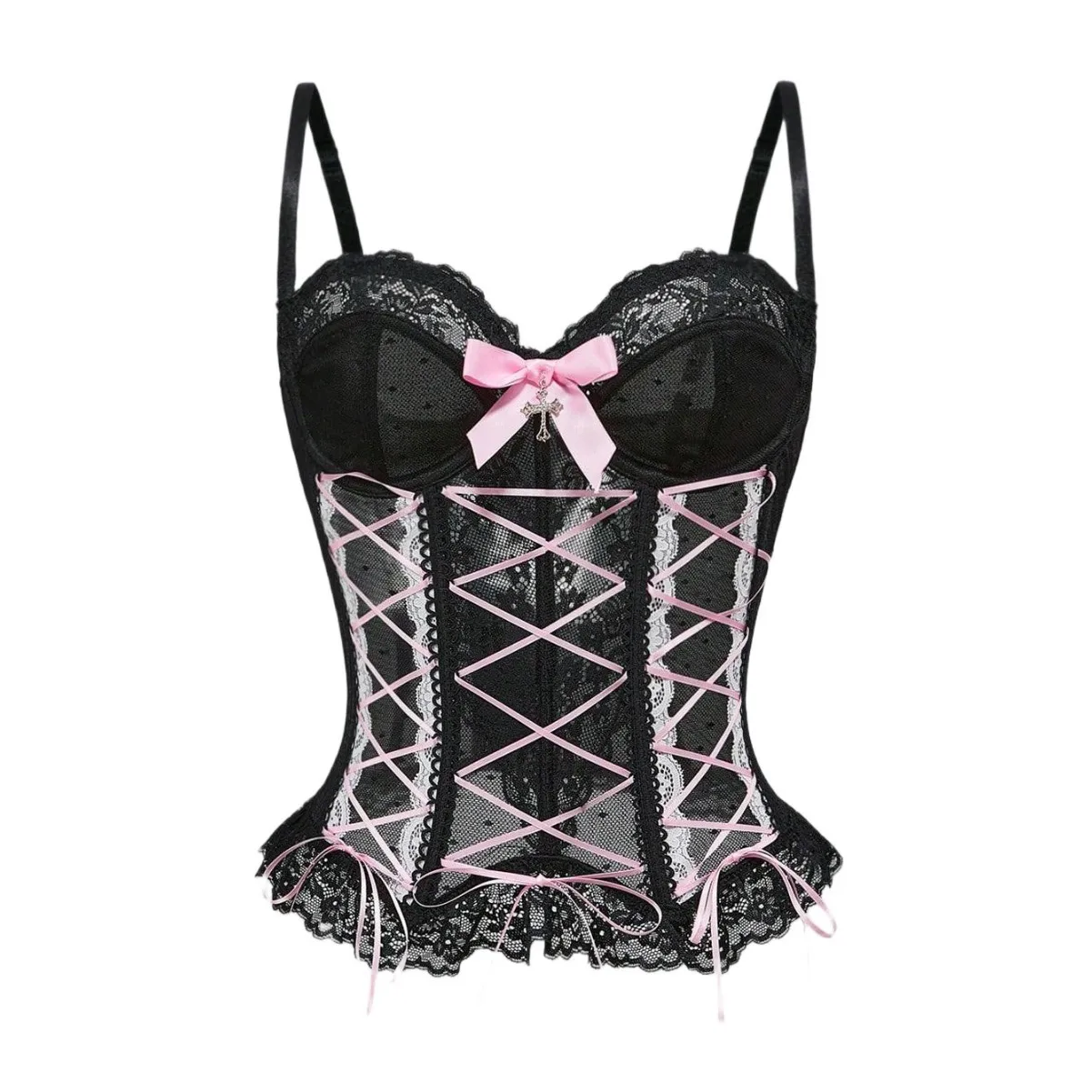 

Bow Lace Corset Vest Sexy Women Fishbone Halter Crop Tops Summer Sleeveless Cami Tank Top Y2k Clothes Fashion Party Rave Bustier