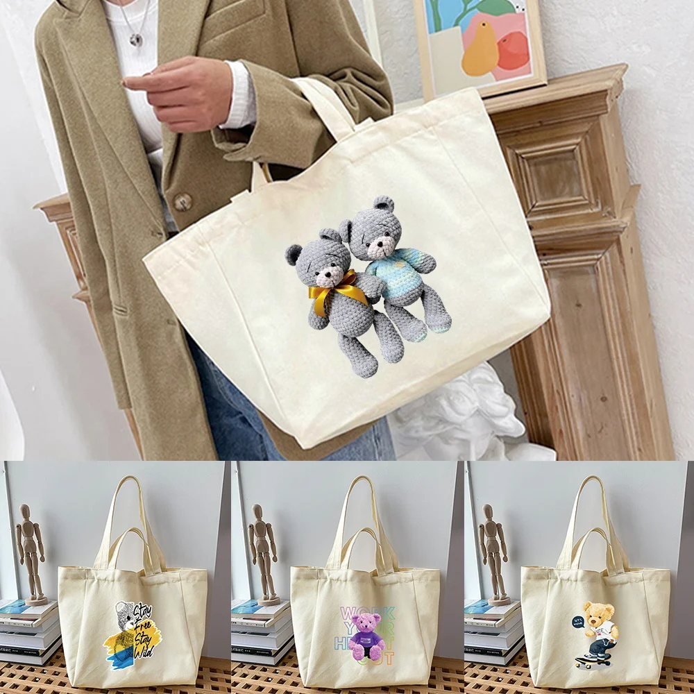 

Shopping Bags Canvas Shoulder Bag Harajuku Style Bear Series Print Large Tote Bag Eco Reusable Portable Shopper Women's Handbags