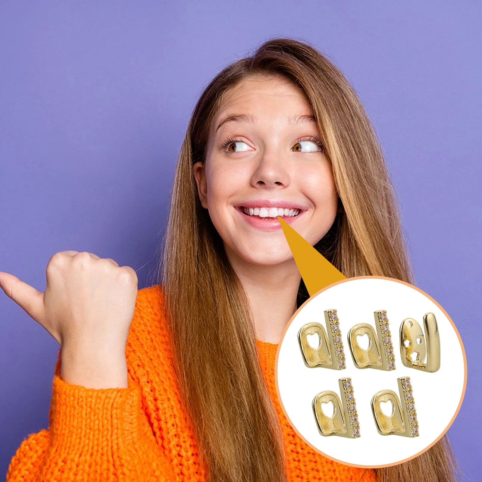 

5Pcs Punk Hiphop Teeth Braces Fake Gold Grills Cosplay Costume Accessories Removable Tooth Caps Halloween Party